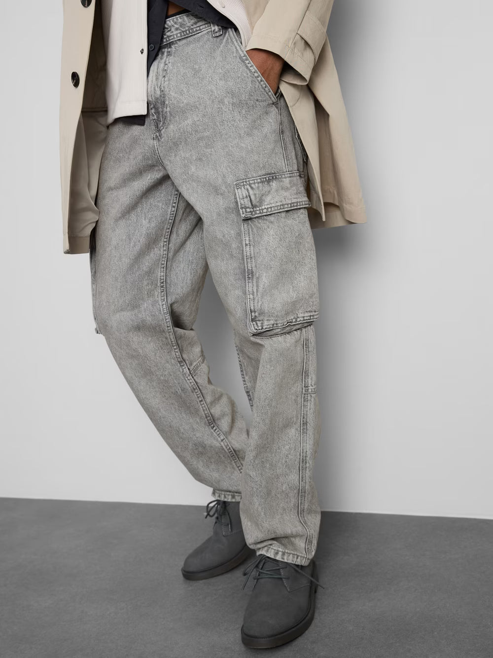 Primark Loose Cargo Jeans for Men – Grey Wash