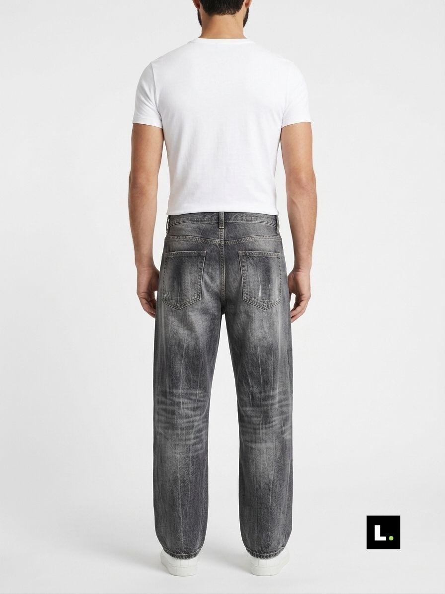 Relaxed straight fit grey wash jeans, back view - Lefto