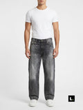 Relaxed straight fit grey wash jeans, front view - Lefto