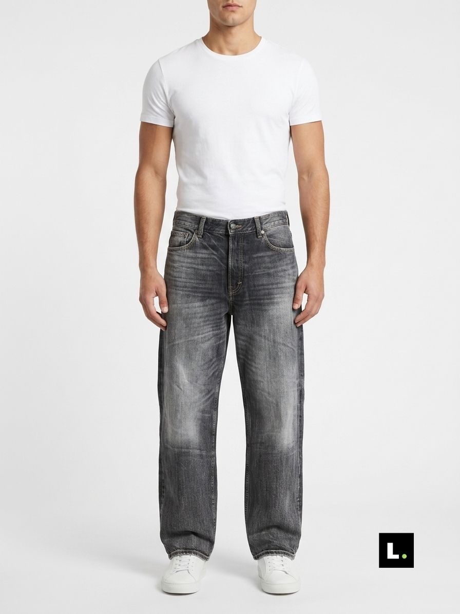 Relaxed straight fit grey wash jeans, front view - Lefto