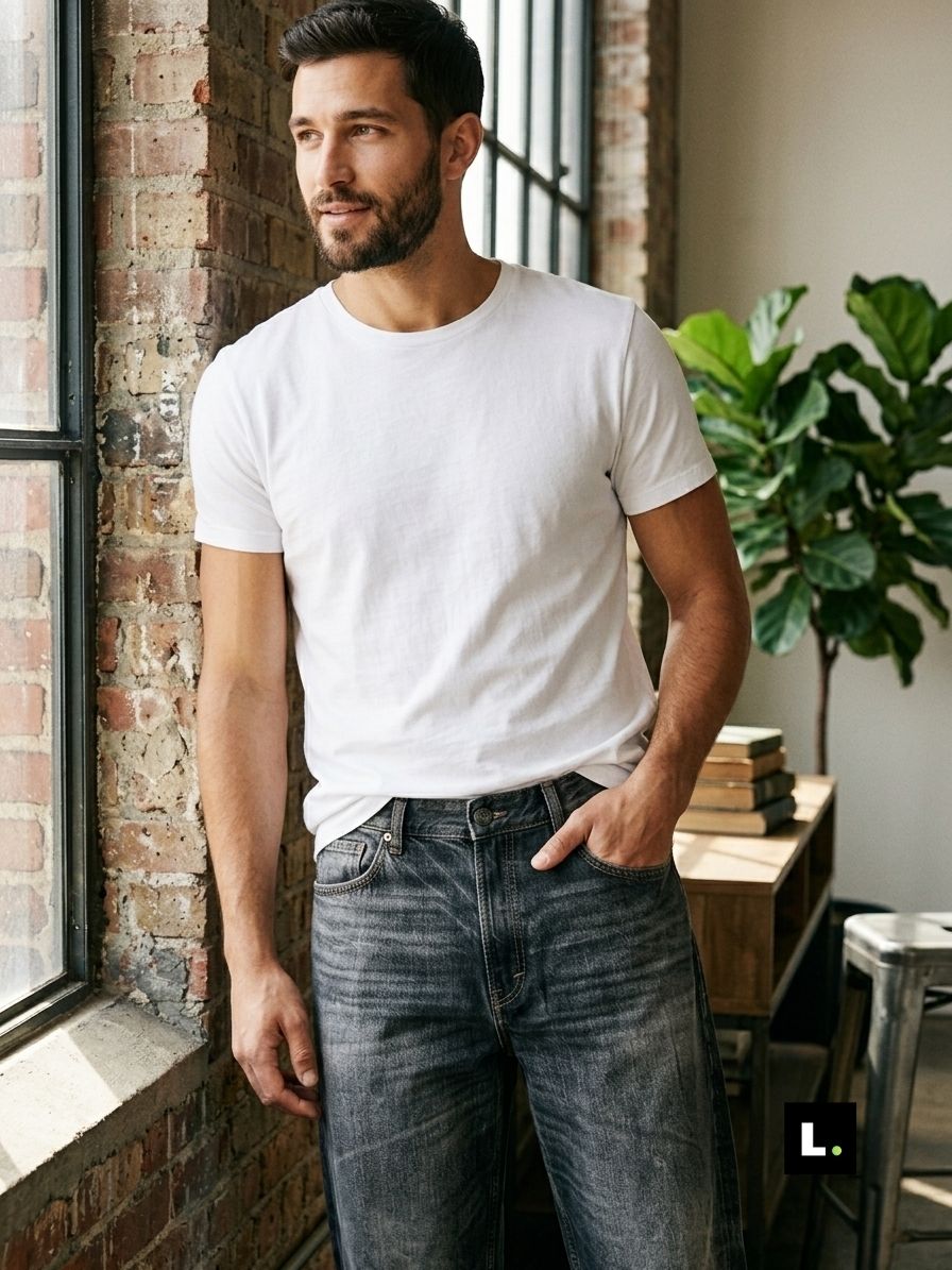 Man wearing relaxed fit grey wash jeans and white t-shirt in loft setting