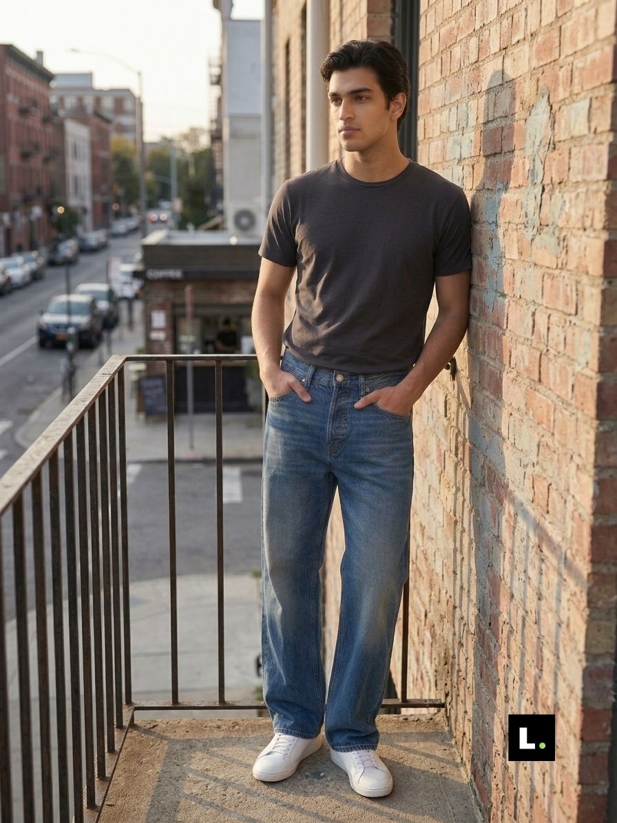Man wearing medium wash straight leg jeans on city fire escape

