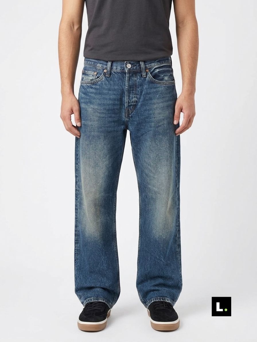 Straight fit medium wash jeans, front view - Lefto
