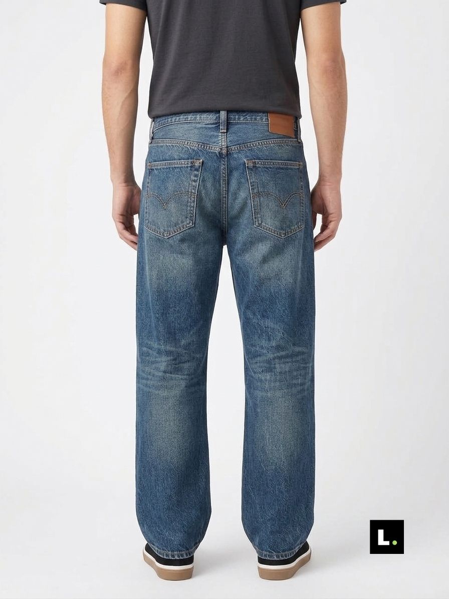 Straight fit medium wash jeans, back view - Lefto

