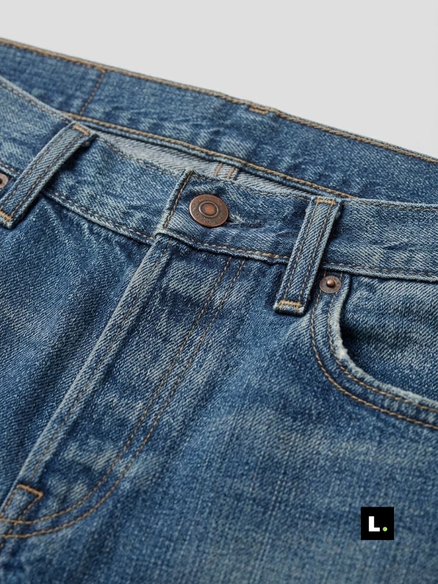 Close-up of stitching and button detail on medium wash jeans
