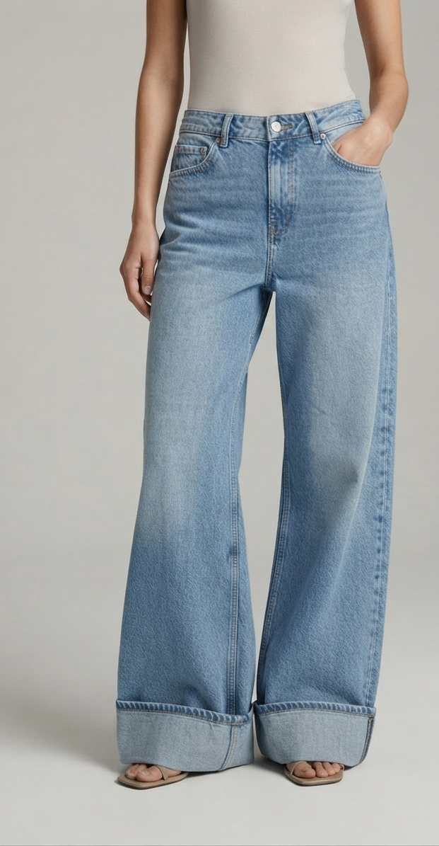 M&S Wide Leg Cuffed Jeans for Women – Vintage Wash