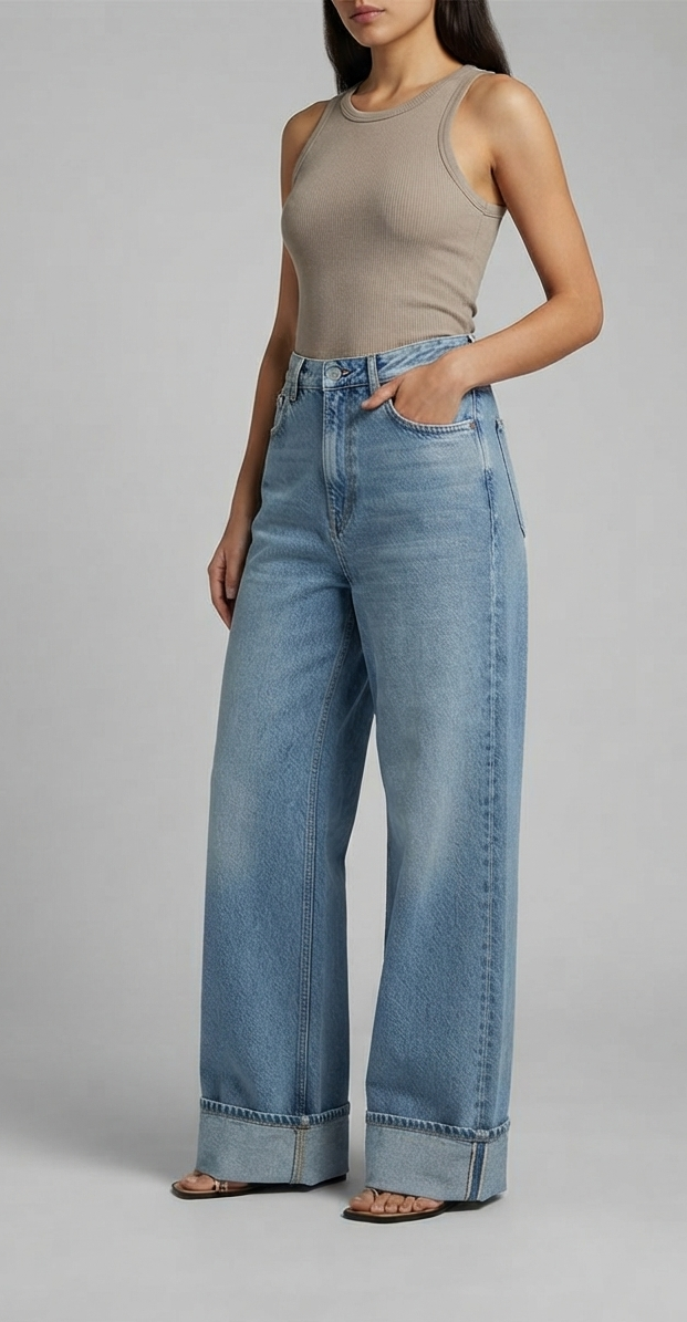 M&S Wide Leg Cuffed Jeans for Women – Vintage Wash