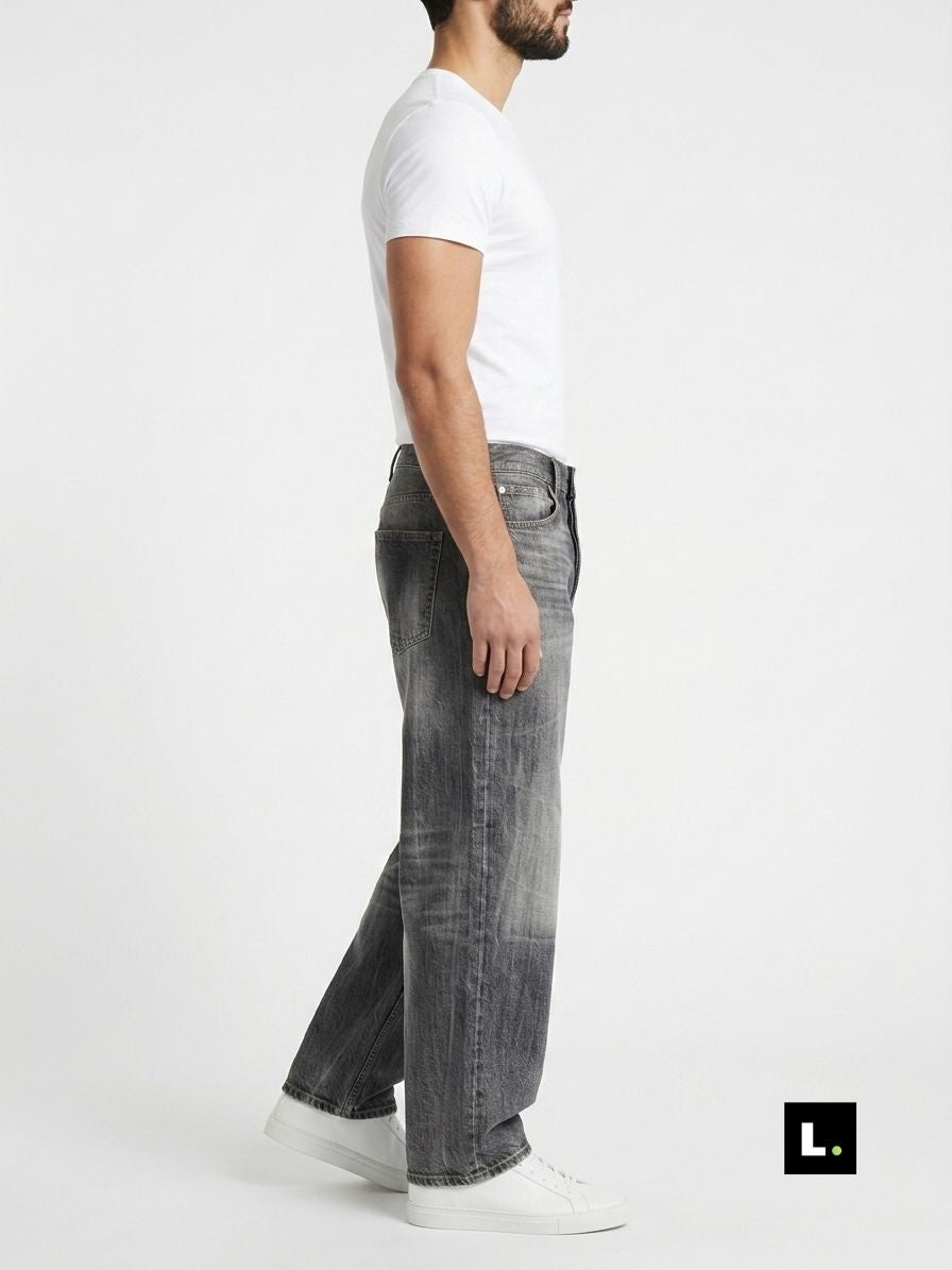 Relaxed straight fit grey wash jeans, side profile - Lefto